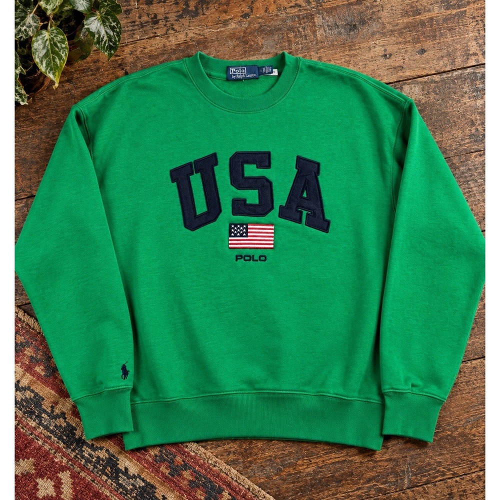 NWOT Polo Ralph Lauren USA Flag Fleece Sweatshirt Men's L Green Vintage Fit
